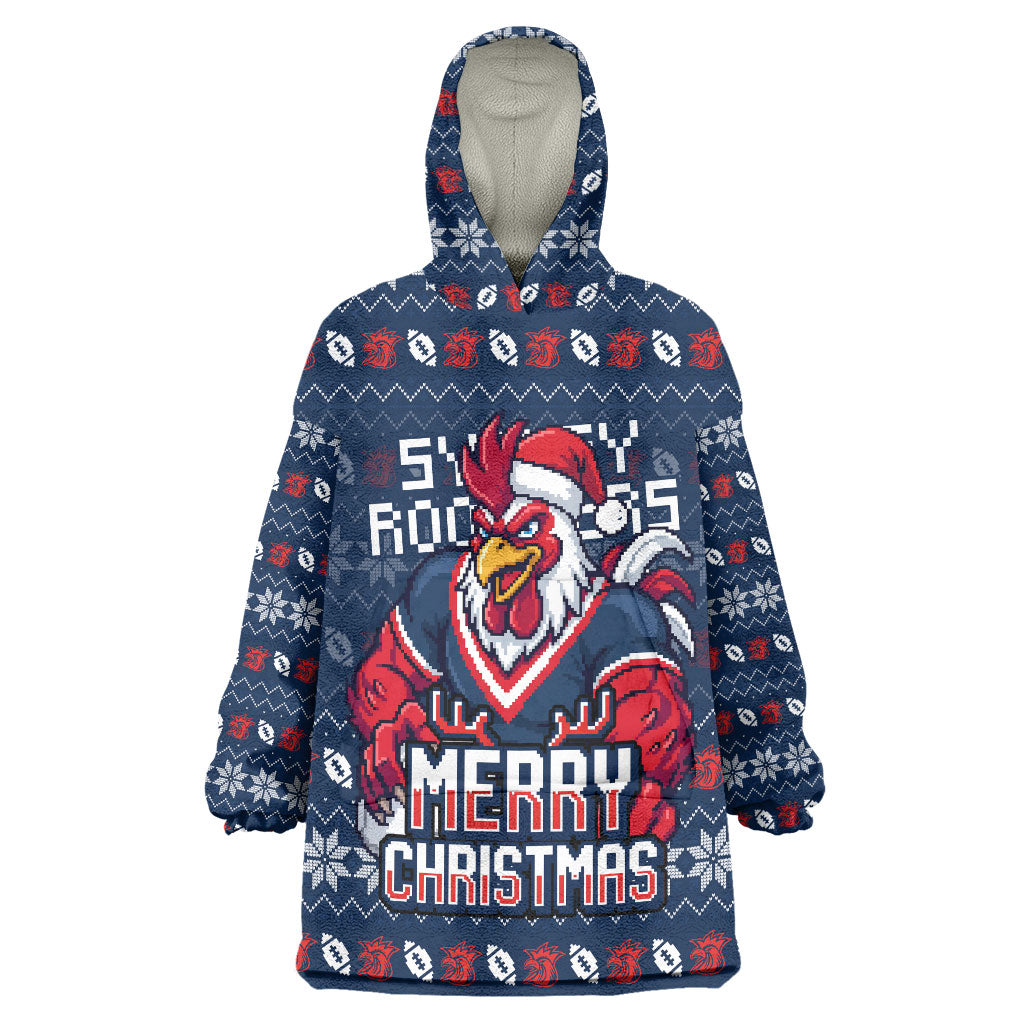 Personalized Sydney Roosters Christmas Wearable Blanket Hoodie Australian Rugby Fans - Pixelated Ugly Xmas Pattern Mascot Santa