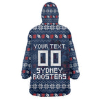 Personalized Sydney Roosters Christmas Wearable Blanket Hoodie Australian Rugby Fans - Pixelated Ugly Xmas Pattern Mascot Santa