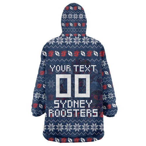 Personalized Sydney Roosters Christmas Wearable Blanket Hoodie Australian Rugby Fans - Pixelated Ugly Xmas Pattern Mascot Santa