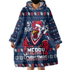 Personalized Sydney Roosters Christmas Wearable Blanket Hoodie Australian Rugby Fans - Pixelated Ugly Xmas Pattern Mascot Santa