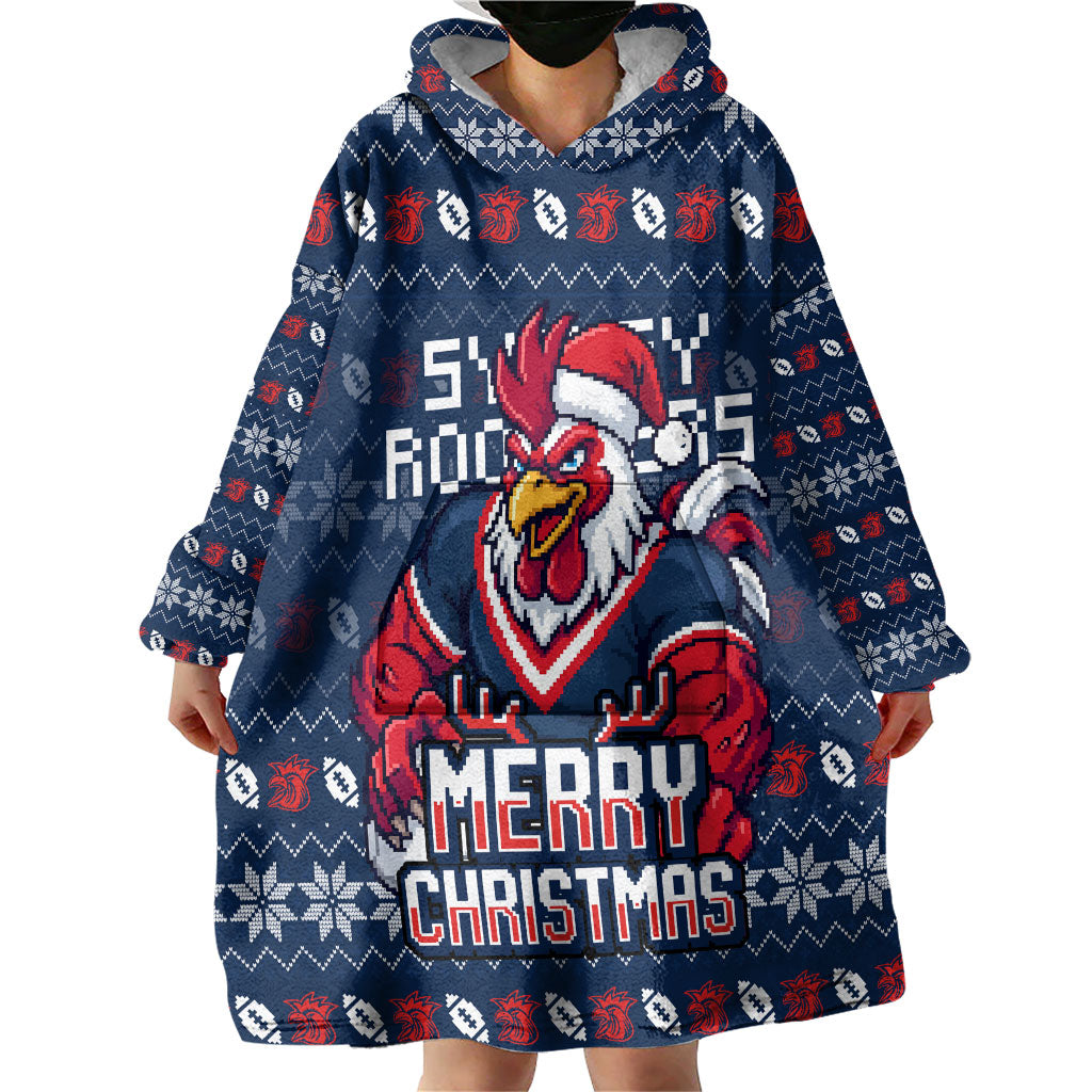 Personalized Sydney Roosters Christmas Wearable Blanket Hoodie Australian Rugby Fans - Pixelated Ugly Xmas Pattern Mascot Santa