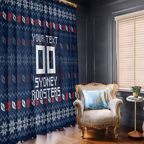 Personalized Sydney Roosters Christmas Window Curtain Australian Rugby Fans - Pixelated Ugly Xmas Pattern Mascot Santa