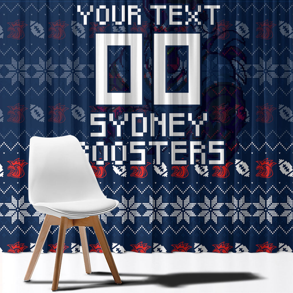 Personalized Sydney Roosters Christmas Window Curtain Australian Rugby Fans - Pixelated Ugly Xmas Pattern Mascot Santa