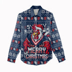 Personalized Sydney Roosters Christmas Women Casual Shirt Australian Rugby Fans - Pixelated Ugly Xmas Pattern Mascot Santa