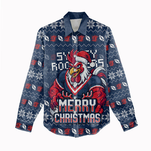 Personalized Sydney Roosters Christmas Women Casual Shirt Australian Rugby Fans - Pixelated Ugly Xmas Pattern Mascot Santa