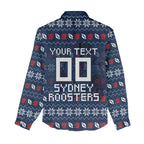 Personalized Sydney Roosters Christmas Women Casual Shirt Australian Rugby Fans - Pixelated Ugly Xmas Pattern Mascot Santa