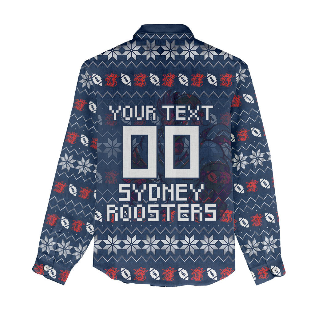 Personalized Sydney Roosters Christmas Women Casual Shirt Australian Rugby Fans - Pixelated Ugly Xmas Pattern Mascot Santa