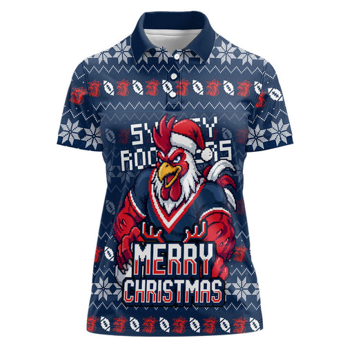 Personalized Sydney Roosters Christmas Women Polo Shirt Australian Rugby Fans - Pixelated Ugly Xmas Pattern Mascot Santa
