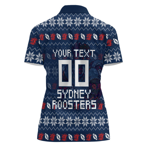 Personalized Sydney Roosters Christmas Women Polo Shirt Australian Rugby Fans - Pixelated Ugly Xmas Pattern Mascot Santa