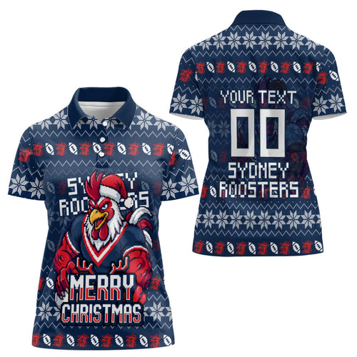 Personalized Sydney Roosters Christmas Women Polo Shirt Australian Rugby Fans - Pixelated Ugly Xmas Pattern Mascot Santa
