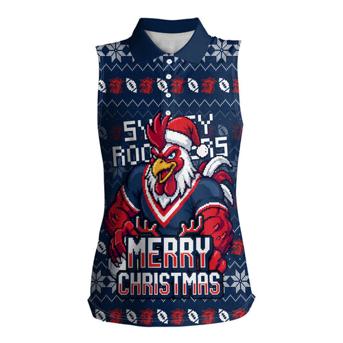 Personalized Sydney Roosters Christmas Women Sleeveless Polo Shirt Australian Rugby Fans - Pixelated Ugly Xmas Pattern Mascot Santa