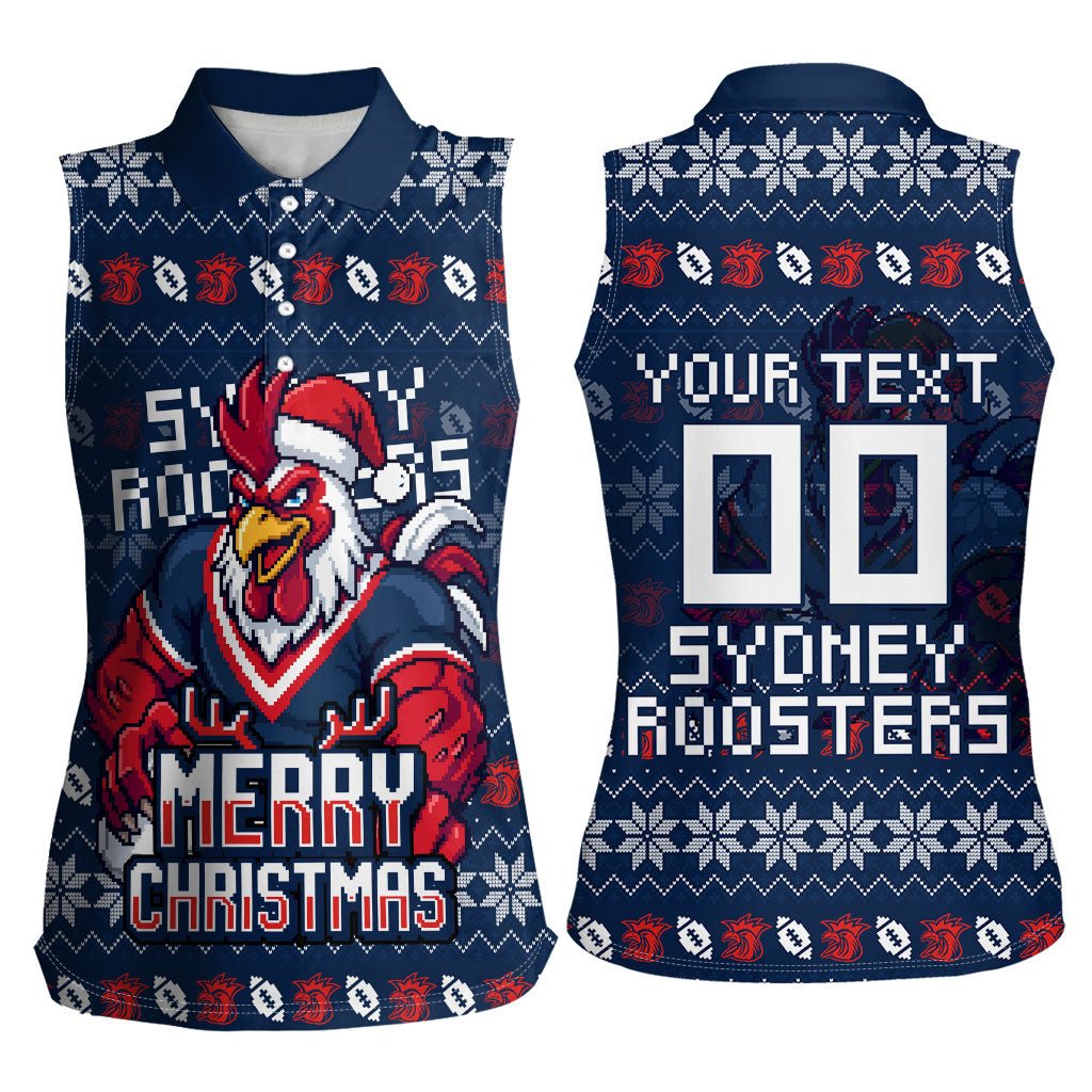 Personalized Sydney Roosters Christmas Women Sleeveless Polo Shirt Australian Rugby Fans - Pixelated Ugly Xmas Pattern Mascot Santa