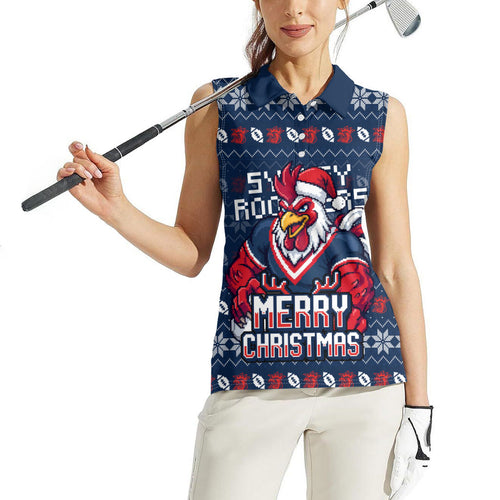 Personalized Sydney Roosters Christmas Women Sleeveless Polo Shirt Australian Rugby Fans - Pixelated Ugly Xmas Pattern Mascot Santa