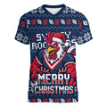Personalized Sydney Roosters Christmas Women V-Neck T-Shirt Australian Rugby Fans - Pixelated Ugly Xmas Pattern Mascot Santa