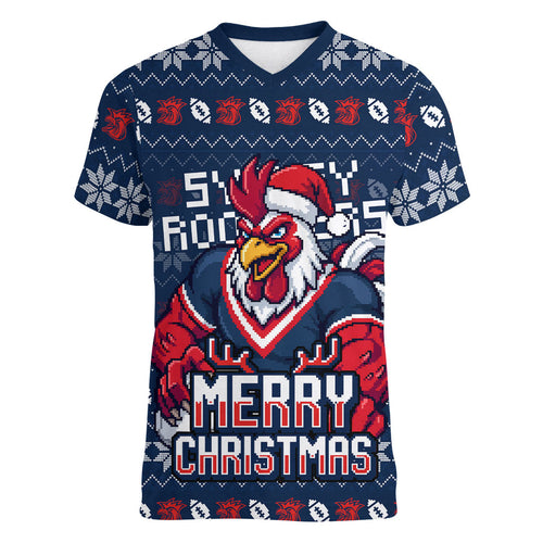 Personalized Sydney Roosters Christmas Women V-Neck T-Shirt Australian Rugby Fans - Pixelated Ugly Xmas Pattern Mascot Santa