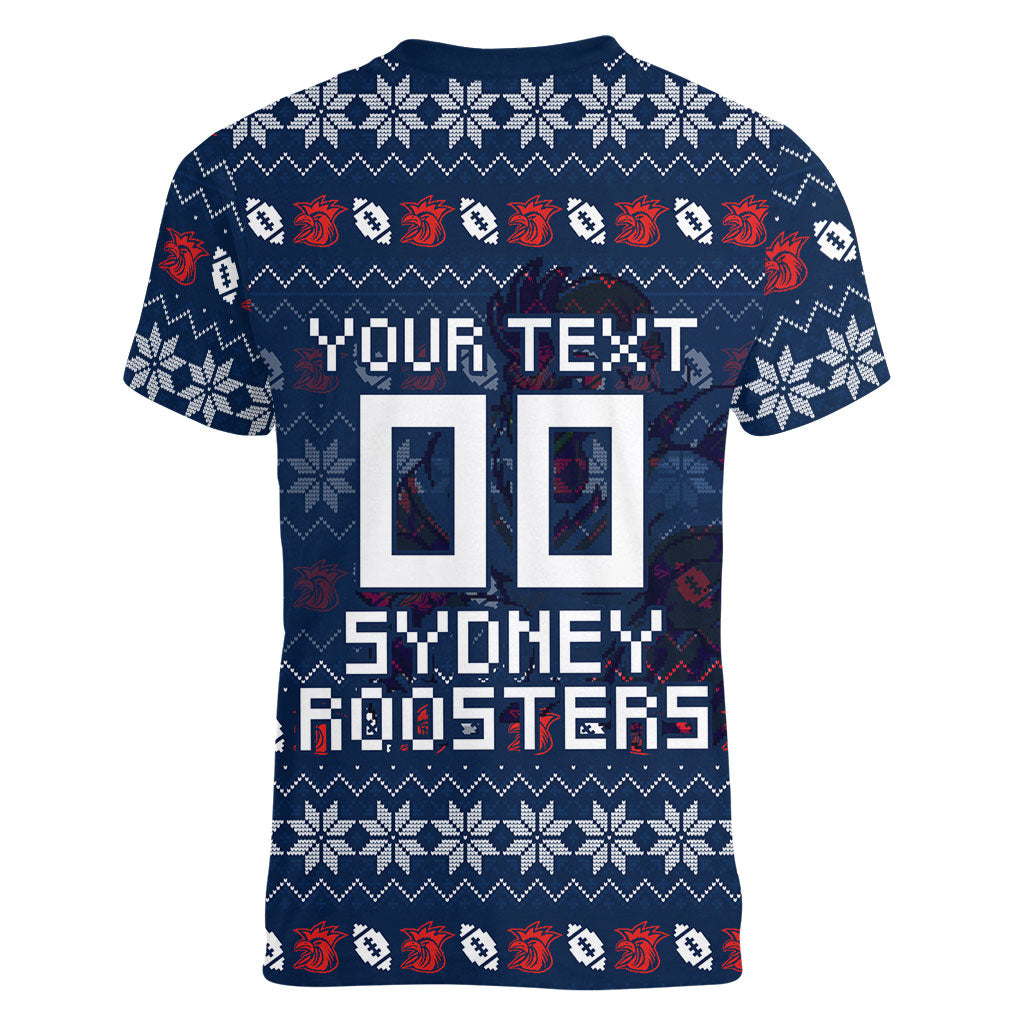 Personalized Sydney Roosters Christmas Women V-Neck T-Shirt Australian Rugby Fans - Pixelated Ugly Xmas Pattern Mascot Santa