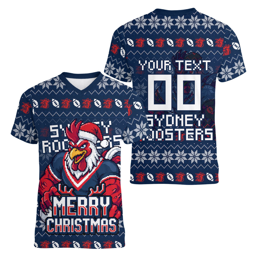 Personalized Sydney Roosters Christmas Women V-Neck T-Shirt Australian Rugby Fans - Pixelated Ugly Xmas Pattern Mascot Santa
