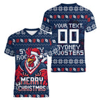 Personalized Sydney Roosters Christmas Women V-Neck T-Shirt Australian Rugby Fans - Pixelated Ugly Xmas Pattern Mascot Santa