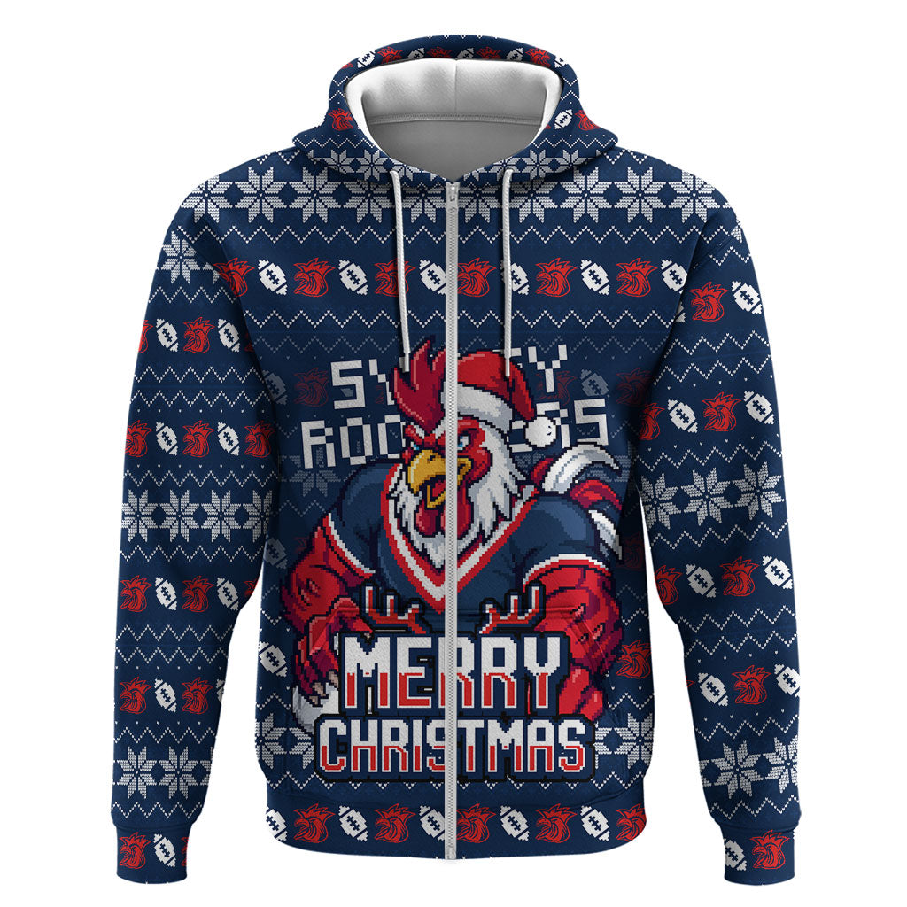Personalized Sydney Roosters Christmas Zip Hoodie Australian Rugby Fans - Pixelated Ugly Xmas Pattern Mascot Santa