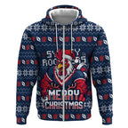 Personalized Sydney Roosters Christmas Zip Hoodie Australian Rugby Fans - Pixelated Ugly Xmas Pattern Mascot Santa