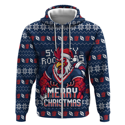 Personalized Sydney Roosters Christmas Zip Hoodie Australian Rugby Fans - Pixelated Ugly Xmas Pattern Mascot Santa