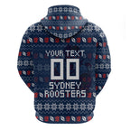Personalized Sydney Roosters Christmas Zip Hoodie Australian Rugby Fans - Pixelated Ugly Xmas Pattern Mascot Santa