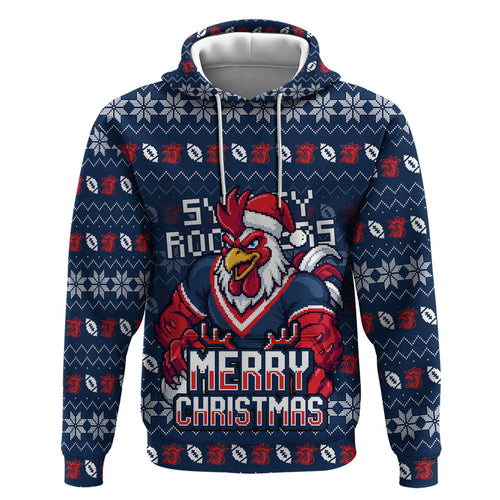 Personalized Sydney Roosters Christmas Zip Hoodie Australian Rugby Fans - Pixelated Ugly Xmas Pattern Mascot Santa