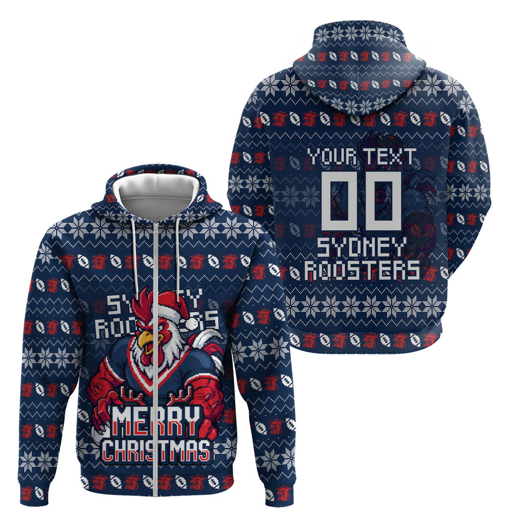 Personalized Sydney Roosters Christmas Zip Hoodie Australian Rugby Fans - Pixelated Ugly Xmas Pattern Mascot Santa