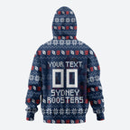 Personalized Sydney Roosters Christmas Zip Hoodie Australian Rugby Fans - Pixelated Ugly Xmas Pattern Mascot Santa