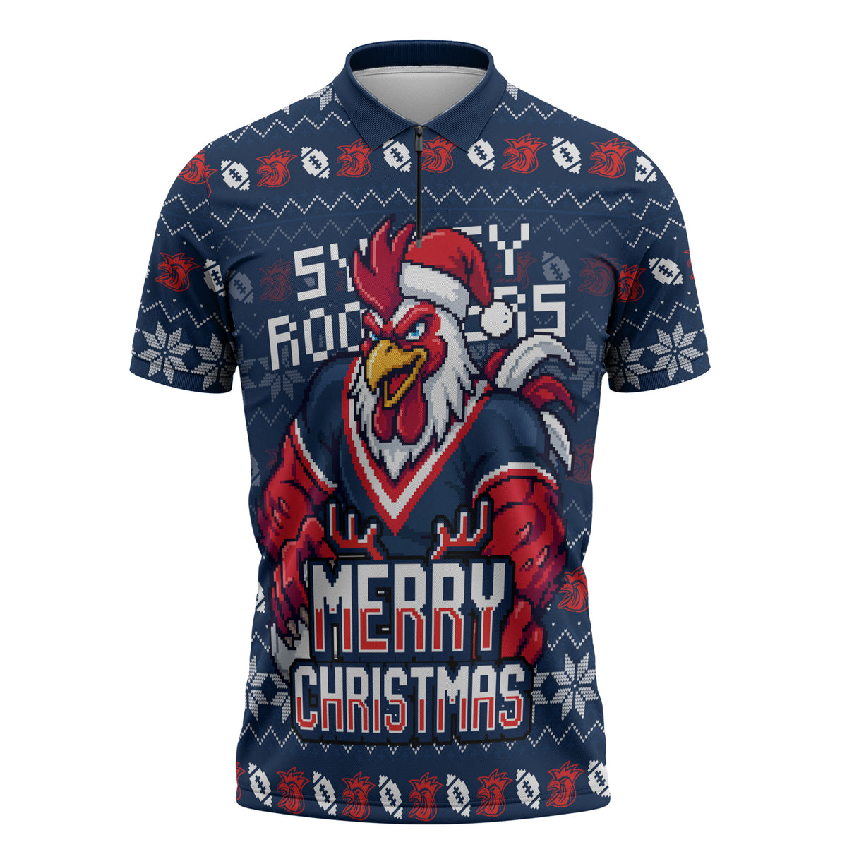Personalized Sydney Roosters Christmas Zipper Polo Shirt Australian Rugby Fans - Pixelated Ugly Xmas Pattern Mascot Santa