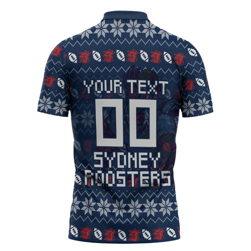 Personalized Sydney Roosters Christmas Zipper Polo Shirt Australian Rugby Fans - Pixelated Ugly Xmas Pattern Mascot Santa