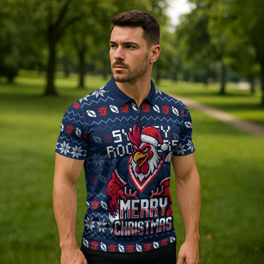 Personalized Sydney Roosters Christmas Zipper Polo Shirt Australian Rugby Fans - Pixelated Ugly Xmas Pattern Mascot Santa