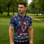 Personalized Sydney Roosters Christmas Zipper Polo Shirt Australian Rugby Fans - Pixelated Ugly Xmas Pattern Mascot Santa