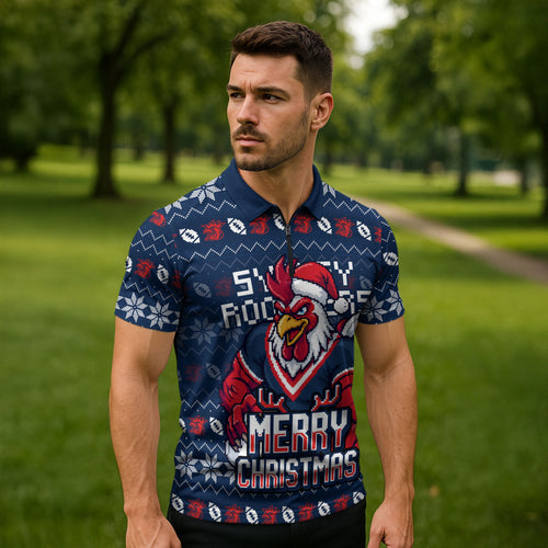 Personalized Sydney Roosters Christmas Zipper Polo Shirt Australian Rugby Fans - Pixelated Ugly Xmas Pattern Mascot Santa