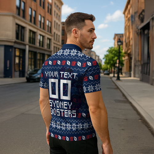 Personalized Sydney Roosters Christmas Zipper Polo Shirt Australian Rugby Fans - Pixelated Ugly Xmas Pattern Mascot Santa