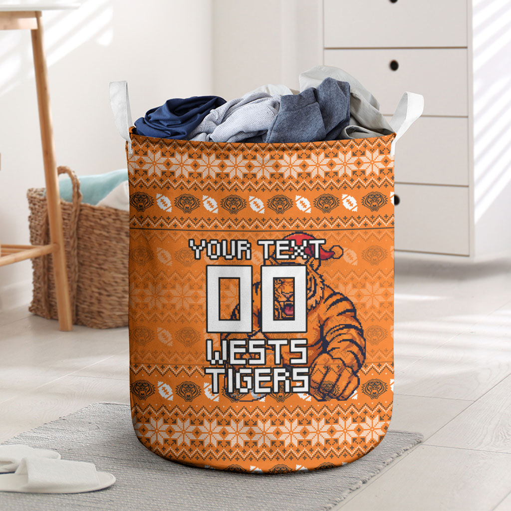 Personalized Wests Tigers Christmas Laundry Basket Australian Rugby Fans - Pixelated Ugly Xmas Pattern Mascot Santa