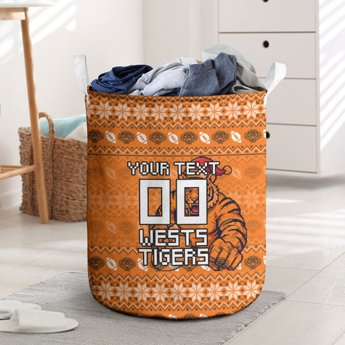 Personalized Wests Tigers Christmas Laundry Basket Australian Rugby Fans - Pixelated Ugly Xmas Pattern Mascot Santa