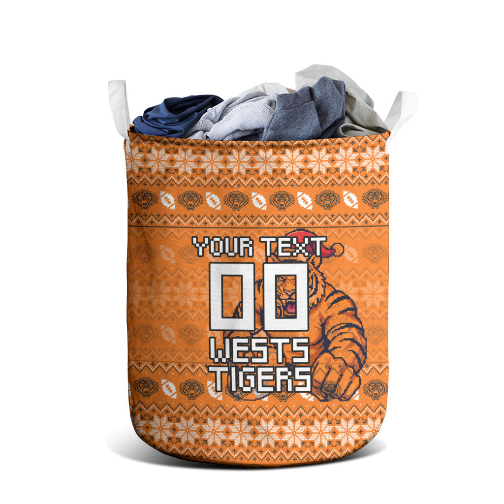 Personalized Wests Tigers Christmas Laundry Basket Australian Rugby Fans - Pixelated Ugly Xmas Pattern Mascot Santa