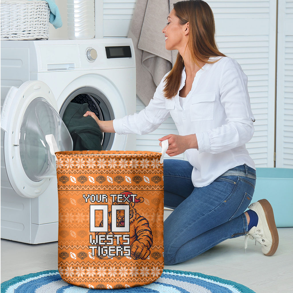 Personalized Wests Tigers Christmas Laundry Basket Australian Rugby Fans - Pixelated Ugly Xmas Pattern Mascot Santa