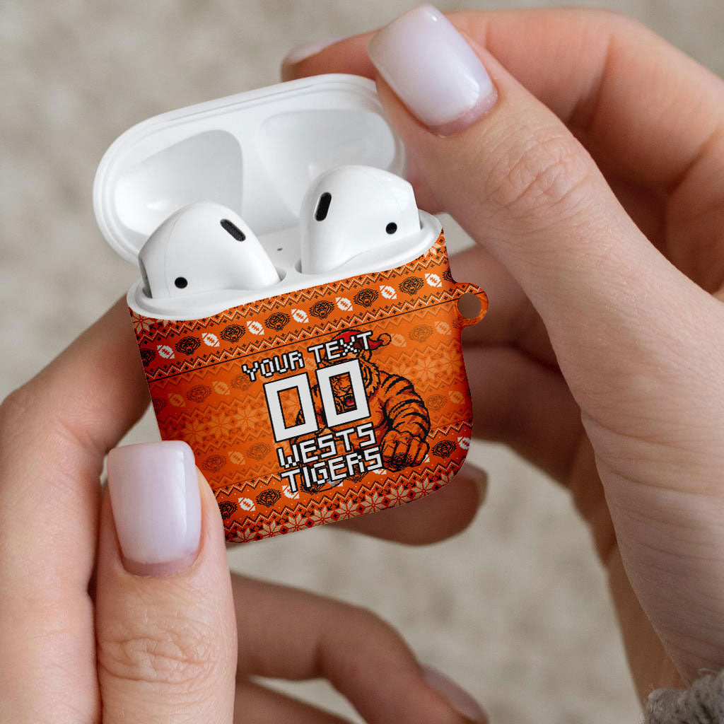 Personalized Wests Tigers Christmas AirPods Case Australian Rugby Fans - Pixelated Ugly Xmas Pattern Mascot Santa