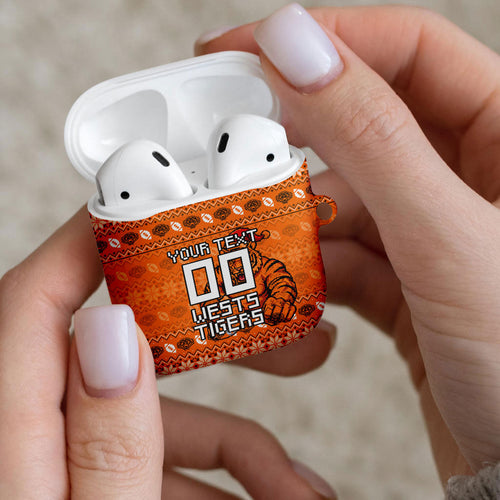 Personalized Wests Tigers Christmas AirPods Case Australian Rugby Fans - Pixelated Ugly Xmas Pattern Mascot Santa