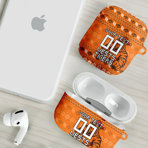 Personalized Wests Tigers Christmas AirPods Case Australian Rugby Fans - Pixelated Ugly Xmas Pattern Mascot Santa