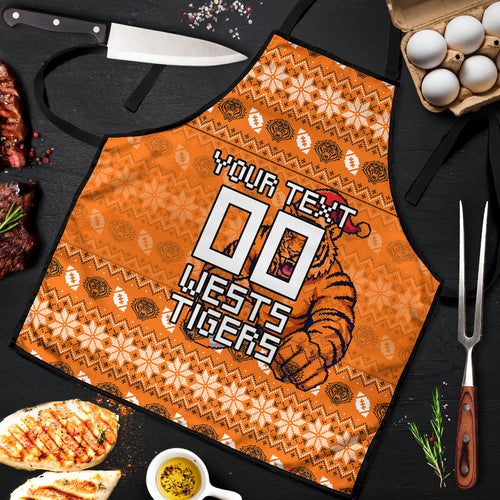 Personalized Wests Tigers Christmas Apron Australian Rugby Fans - Pixelated Ugly Xmas Pattern Mascot Santa