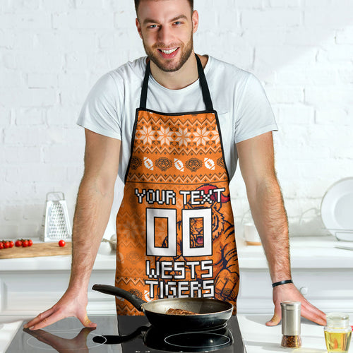 Personalized Wests Tigers Christmas Apron Australian Rugby Fans - Pixelated Ugly Xmas Pattern Mascot Santa