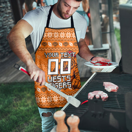 Personalized Wests Tigers Christmas Apron Australian Rugby Fans - Pixelated Ugly Xmas Pattern Mascot Santa