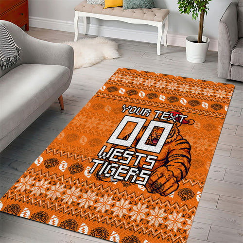 Personalized Wests Tigers Christmas Area Rug Australian Rugby Fans - Pixelated Ugly Xmas Pattern Mascot Santa