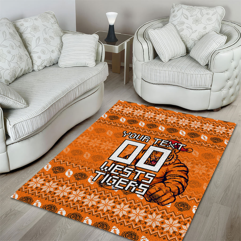 Personalized Wests Tigers Christmas Area Rug Australian Rugby Fans - Pixelated Ugly Xmas Pattern Mascot Santa