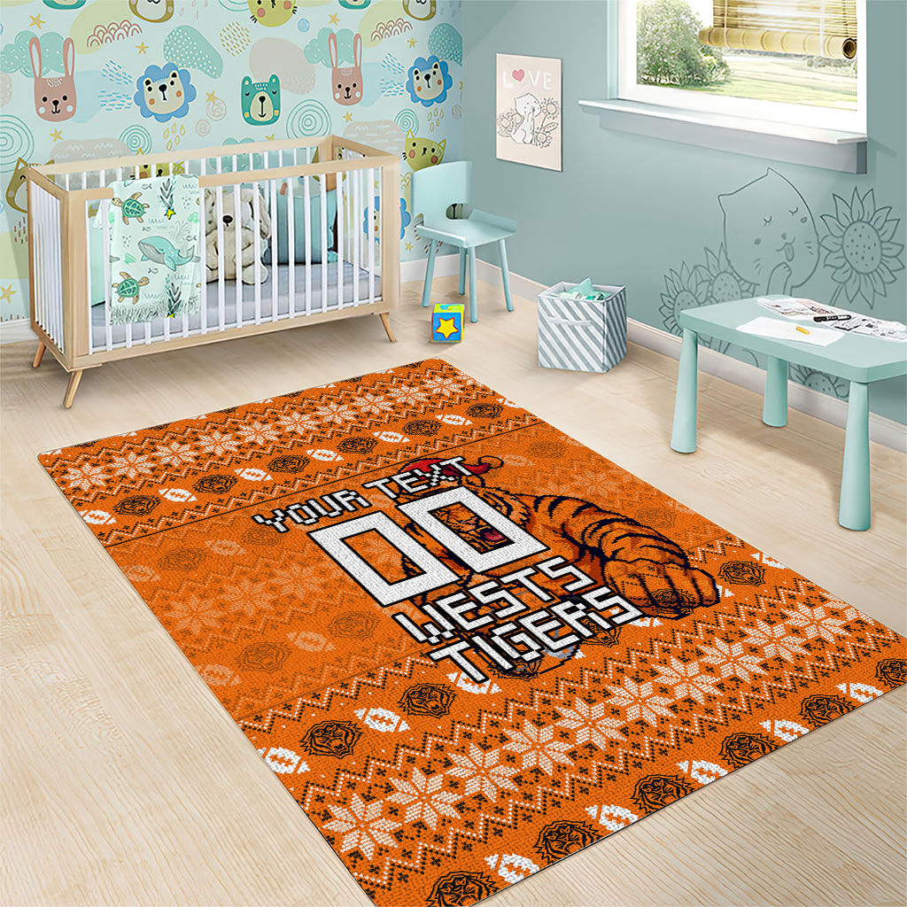 Personalized Wests Tigers Christmas Area Rug Australian Rugby Fans - Pixelated Ugly Xmas Pattern Mascot Santa
