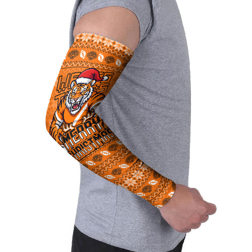 Personalized Wests Tigers Christmas Arm Sleeves Australian Rugby Fans - Pixelated Ugly Xmas Pattern Mascot Santa