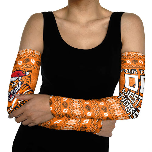 Personalized Wests Tigers Christmas Arm Sleeves Australian Rugby Fans - Pixelated Ugly Xmas Pattern Mascot Santa